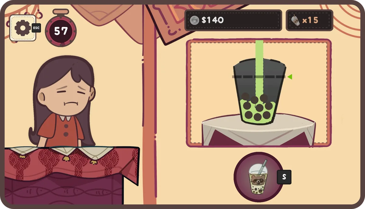 Boba Tanuki gameplay at a cozy illustrated bubble tea stall